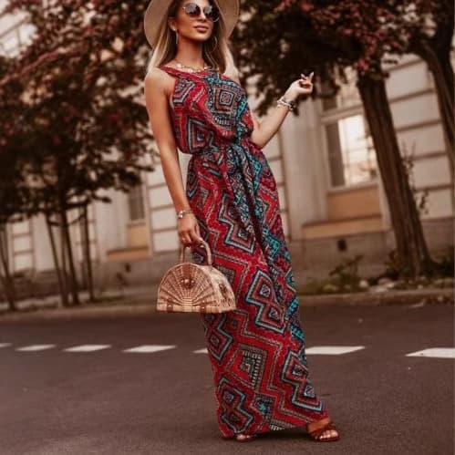 Bohemian Summer New Fashion Halter Round Neck Printed Sleeveless Dress Vacation Beach Long Dress DRESS