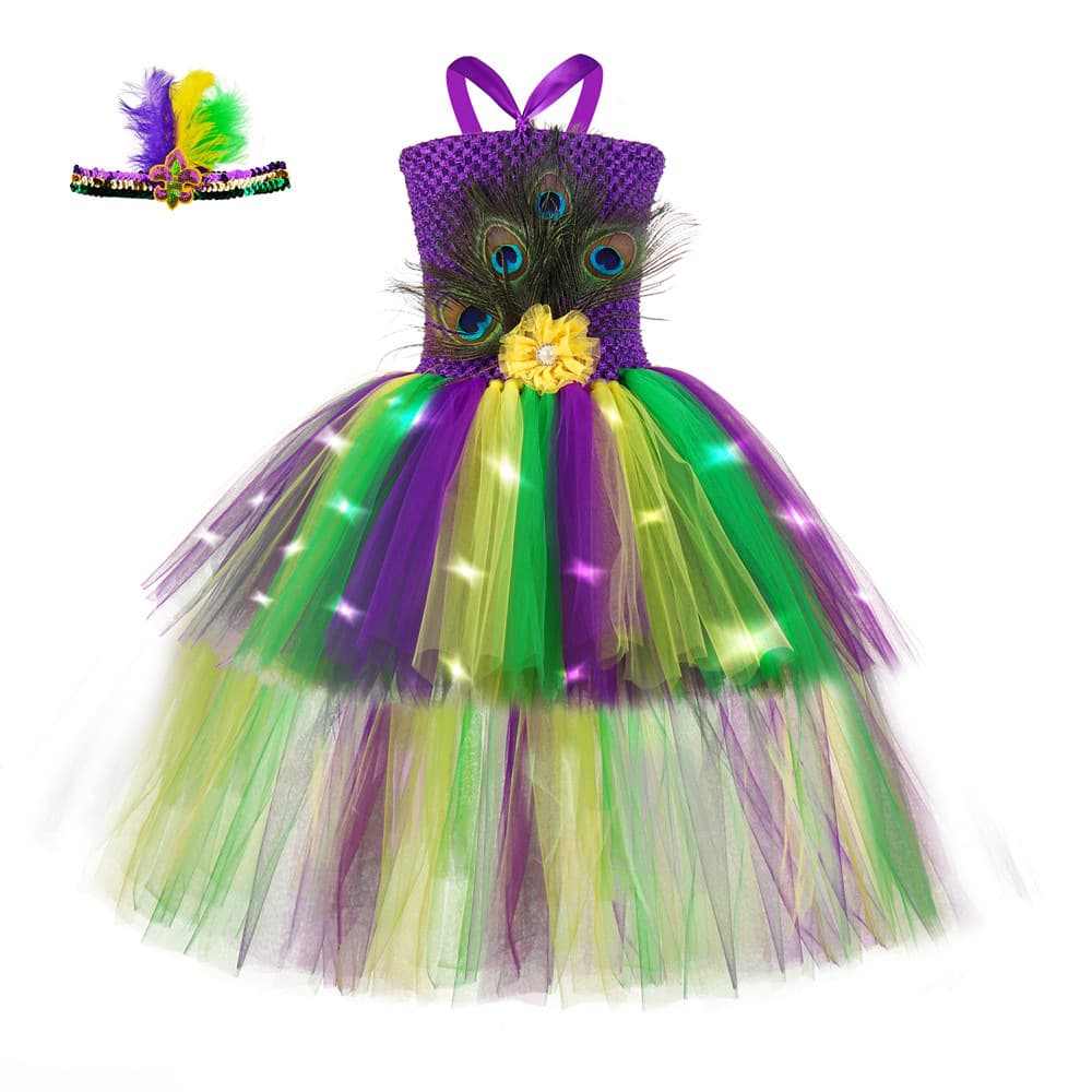Girls Sparkle Dancewear Peacock Tutu Dress with Front Short Back Long Kids Gown Animal Theme Party Costume
