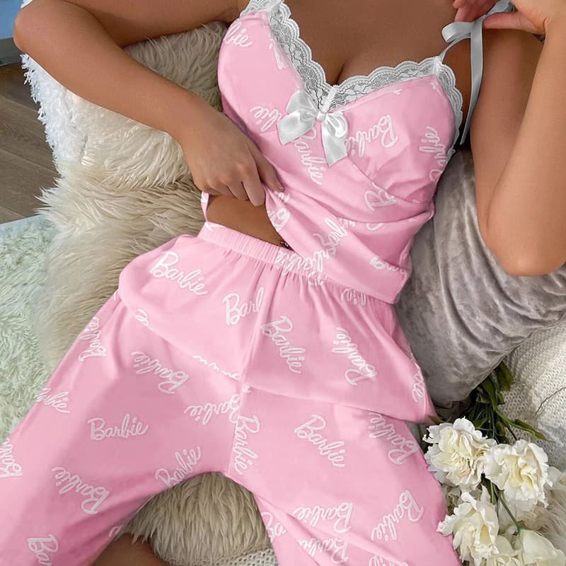 Cross-border sexy lace bow printed milk silk suspender trousers two-piece set pure lust pajamas fun