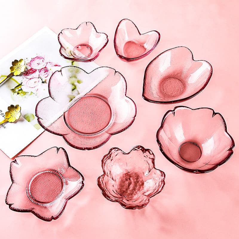 Creative Sakura Plate Japanese Style Pink Gold Rim Glass Dipping Sauce Small Bowl Dish Set