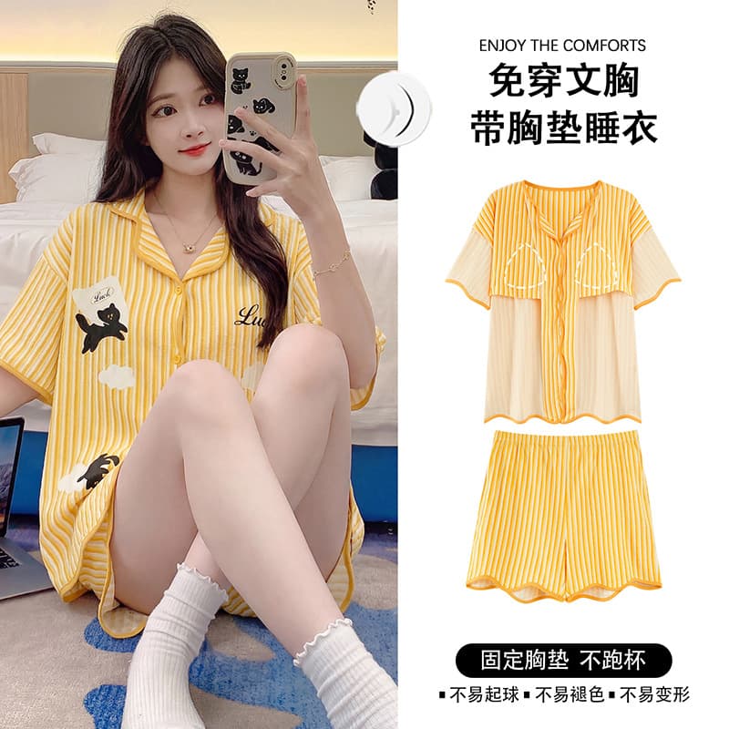 Women's Summer Pajama Set with Built-in Bra, Thin Short Sleeve Shorts, Sweet Lazy Plus Size Loungewear, Wearable Outside