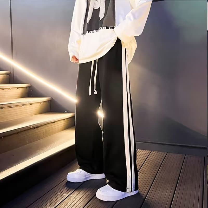 Men's Double Stripe Sweatpants, American High Street Ins Style, Straight Loose Wide Leg, Draping Floor-Length Casual Pants
