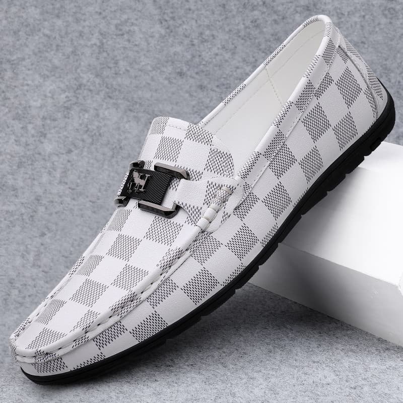 Cross-border Business Casual Leather Loafers for Men, Slip-on Flat Driving Shoes, Plaid Cowhide Men's Shoes, Moccasins