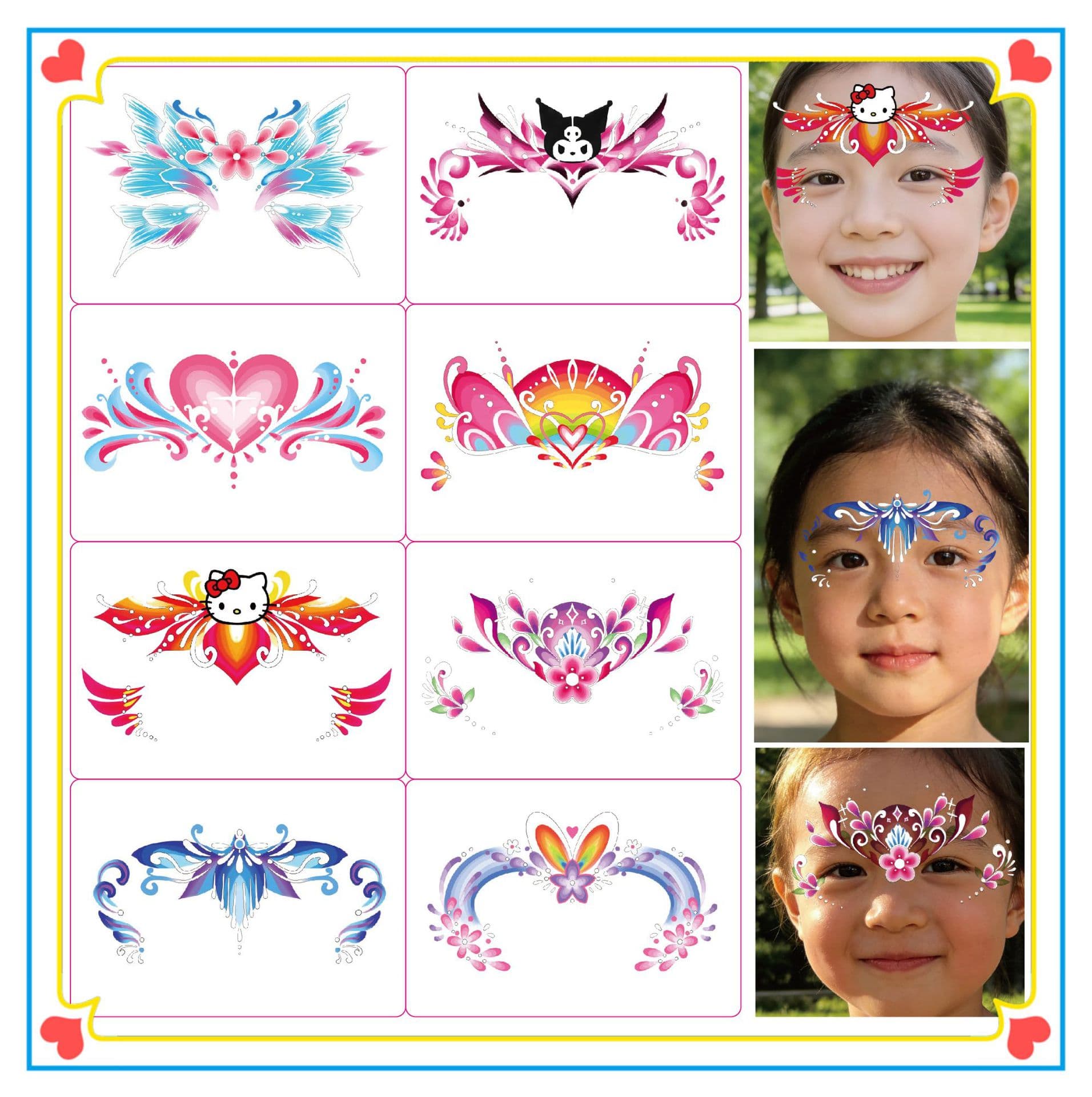 New Go to the Park Kurome Hello Kitty Forehead Sticker Rainbow Butterfly Flower Children's Cute Painted Tattoo Sticker