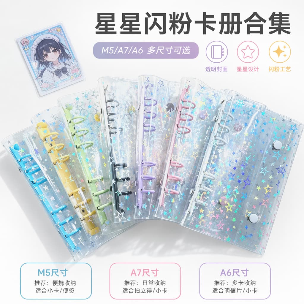Cross-border PVC transparent loose-leaf book shell A5A6 double buckle thickened removable student Korean ins star chasing hand ledger
