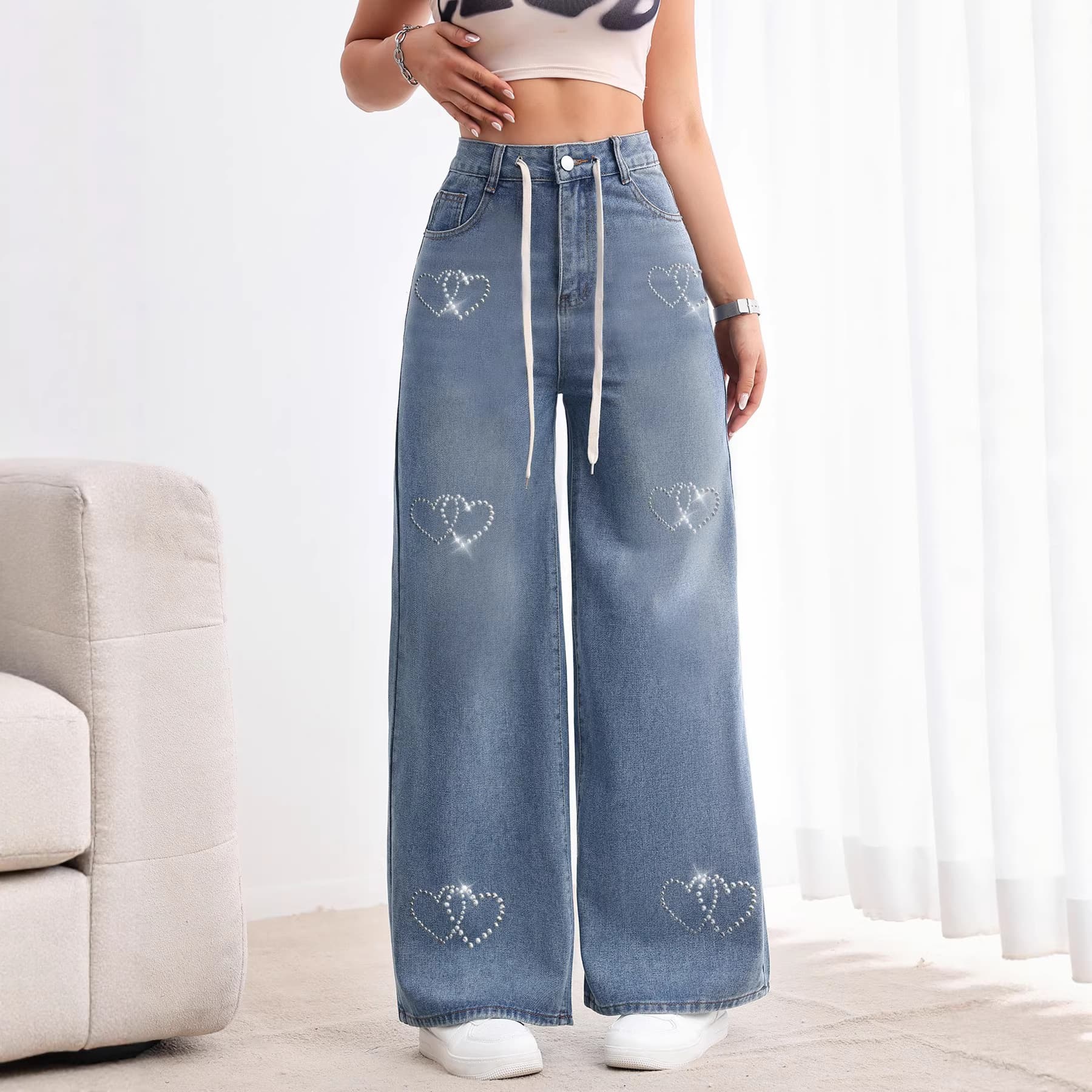 TEMU American Retro Wide Leg Jeans for Women, Washed Heart Stud Drawstring High Waist Loose Flowing Straight Leg Fashion