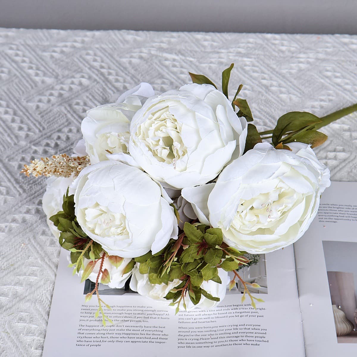 Artificial Peony Flower 13-Head European Style Large Bloom with Leaves, Lifelike Faux Flowers, Cross-Border Edition