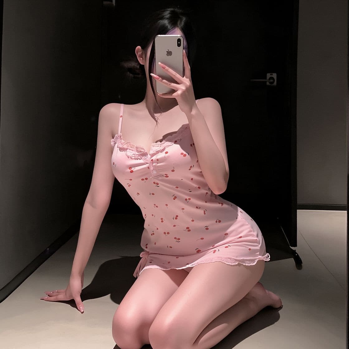 Night Romance Sexy Temptation Floral Printed Spaghetti Strap Short Dress Deep V Lace Trim Backless Sleepwear for Women
