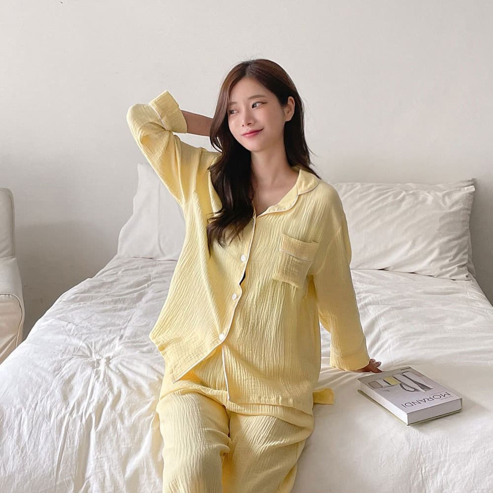 Korean Autumn Skin-Friendly Seersucker Simple Couple Pajamas Loose Cardigan Casual Long Sleeve Homewear Set for Men and Women