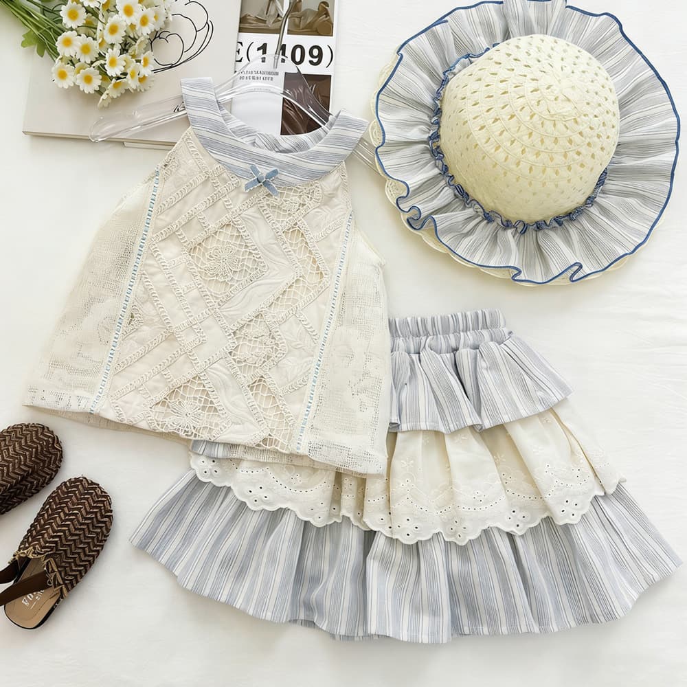 Girls Embroidered Vest Striped Cake Skirt Two-piece Set Summer 2026 New Baby Girl Skirt Set Trendy