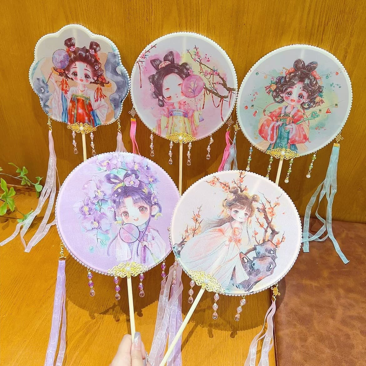 Antique Fan Printed Long Wooden Handle Children's Adult Group Fan with Hanfu Cheongsam Dance Show Photo Prop Fan
