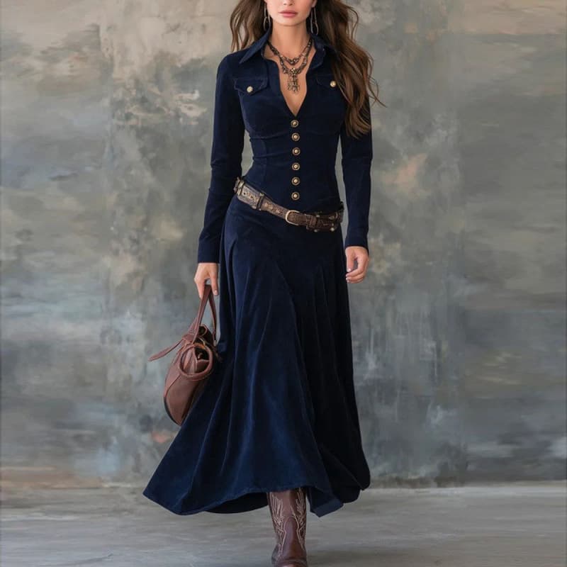 2026 Independent Station European and American Fashion Street Trendy Long Dress Amazon Button Long Sleeve Buckskin Long Dress