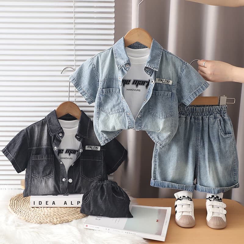 Boys Girls Summer Light Denim Short Sleeve 3-Piece Set 2026 New Toddler Shirt Outfit