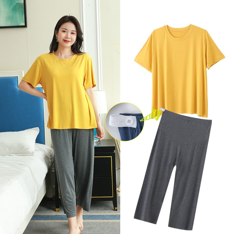 Maternity Pajamas Summer Short Sleeve Long Pants Adjustable Modal Cotton Nursing Wear for Postpartum Home