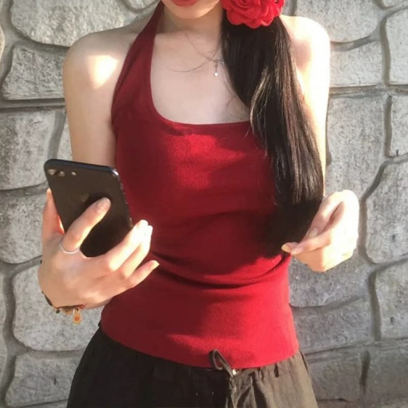 American Hot Girl White and Red Outer Camisole Women's Summer Tight-Fitting Slimming Niche Halter Neck Vest Top