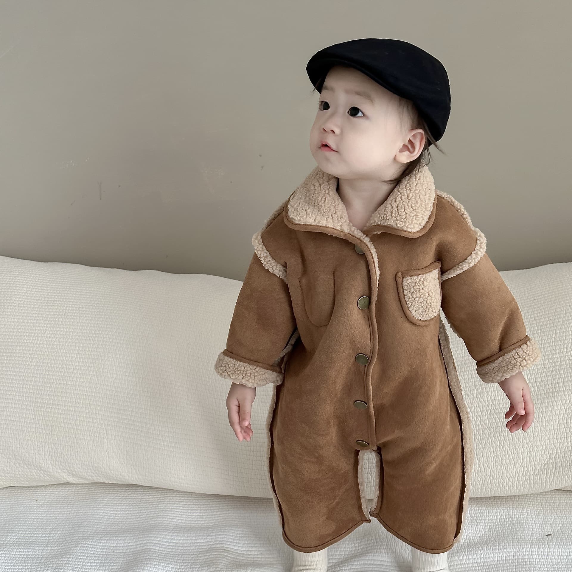 Baby Autumn Winter Korean Style Infant Outwear Furry Romper for Boys and Girls Plush Jumpsuit