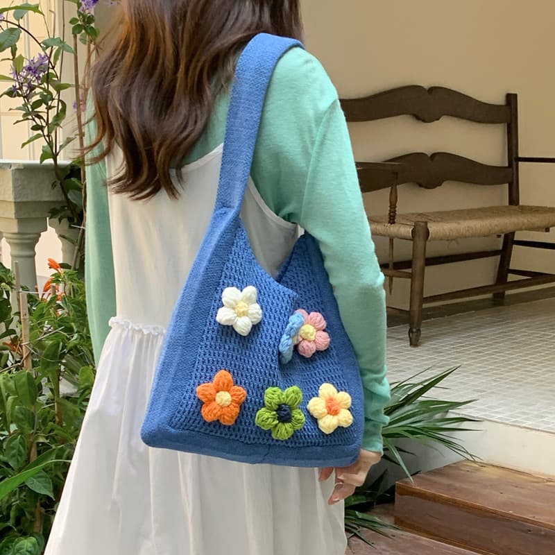 Forest-style woven blue bag fresh floral knitted handbag vacation style seaside beach bag shoulder bag