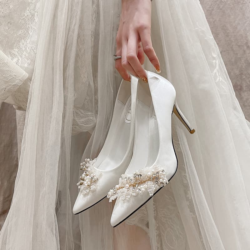 Bridal Wedding Shoes White High Heels, Chinese Wedding Red Bride Shoes, Pearl Dress Banquet Plus Size Women's Single Shoes