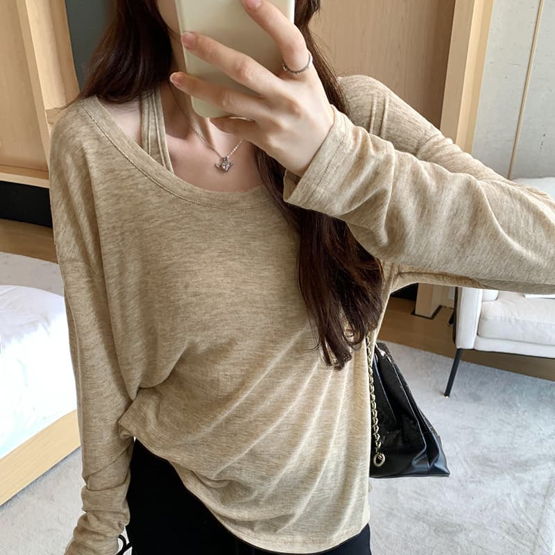 Casual Relaxed Fit Thin Sleeveless Vest and Long-Sleeve T-Shirt Two-Piece Set for Women, Spring/Summer Design Sun Protection Cover-Up