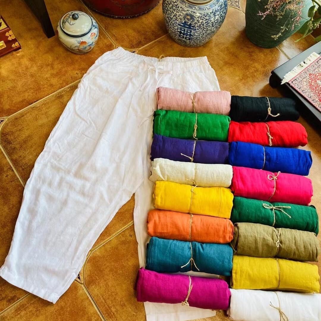 2025 Spring New Linen Harem Pants Cropped Pants Women Casual Loose Retro Artistic Ethnic Style