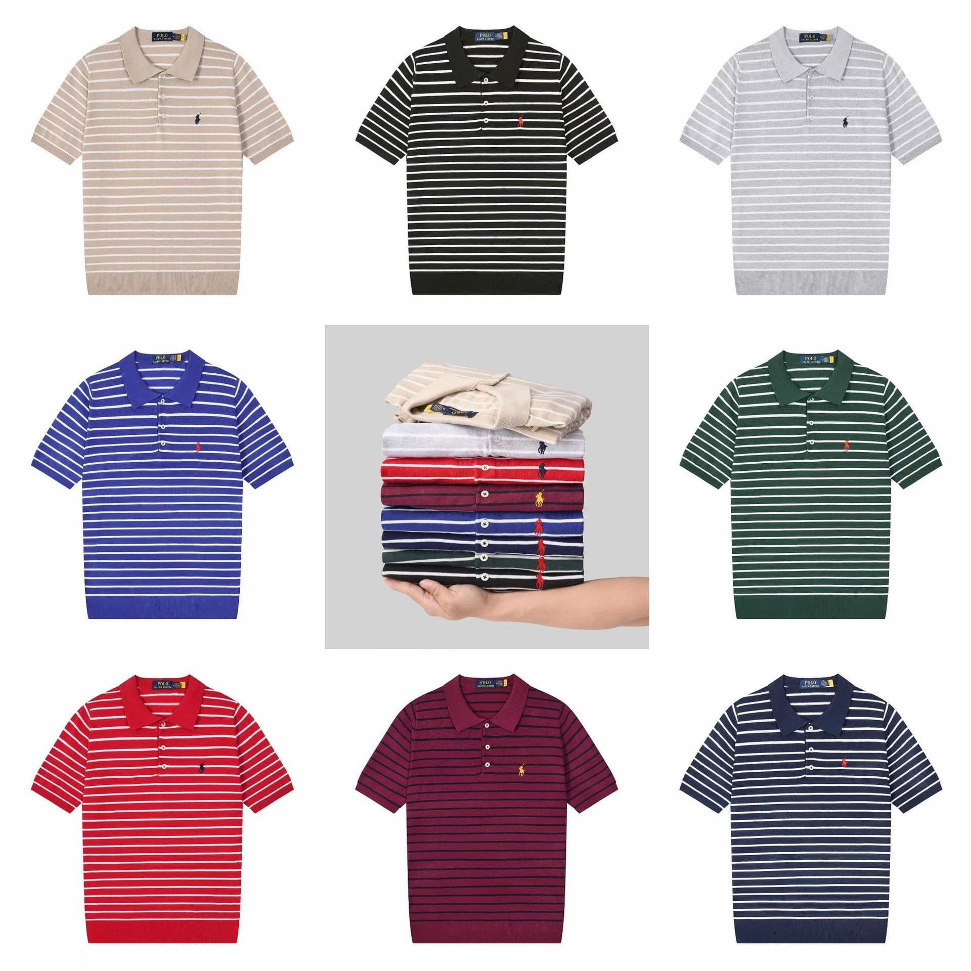 Summer Polo Shirt with Embroidered Pony Logo, Cotton Knit Short Sleeve T-Shirt, Men's Striped Turn-Down Collar Polo