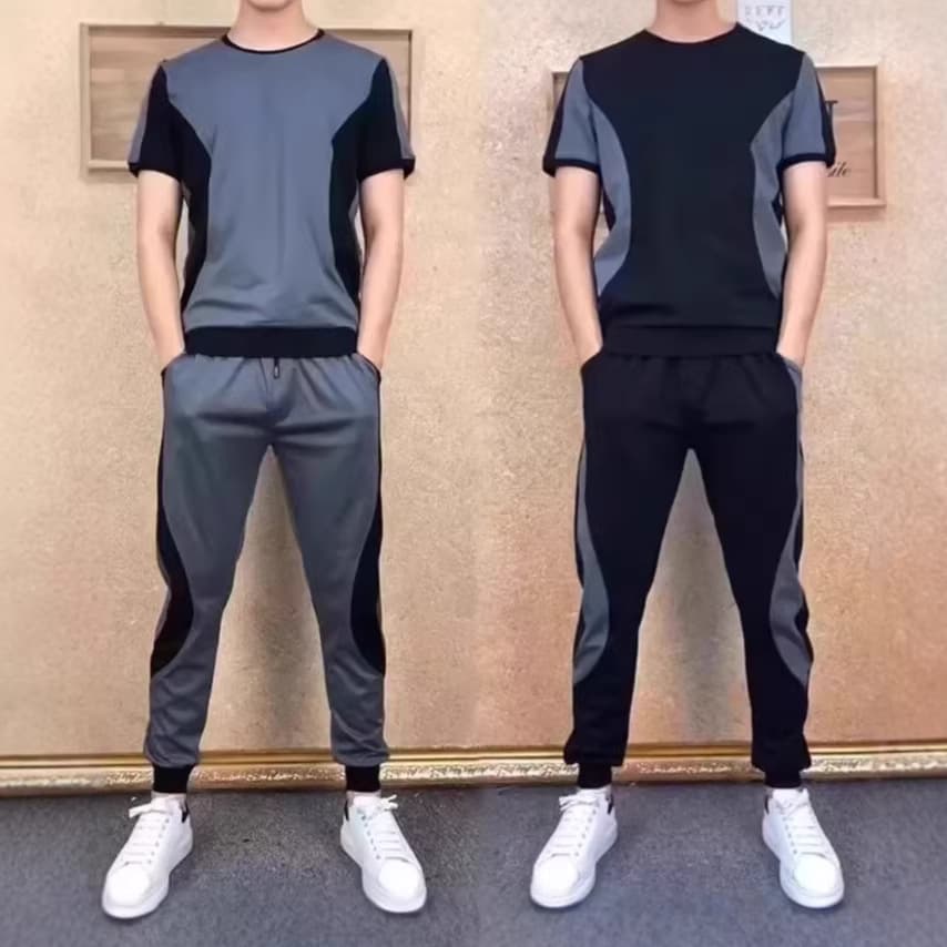 Sports Suit Men's New Summer Clothing Men's Fashionable Patchwork Short-Sleeved T-Shirt Large Size Trendy Casual Two-Piece Set