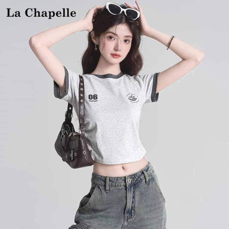 Korean-style Round Neck Short Sleeve T-Shirt for Women, 2026 Spring New Color-Block Waist-Defining Slim Fit Top