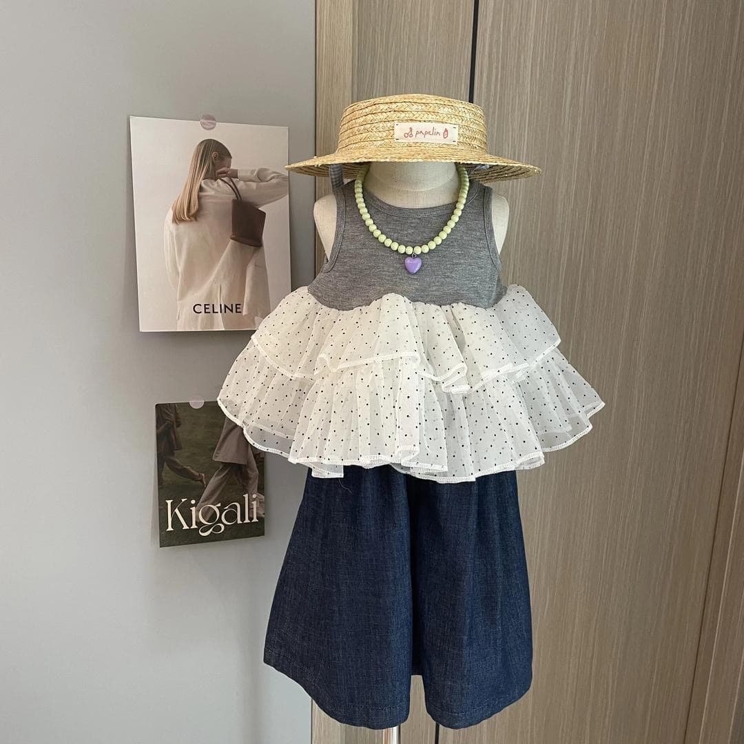 Girls' 2026 Summer New Set Hepburn Style Polka Dot Mesh Vest Dress Kids Vest Top and Pants Two-Piece