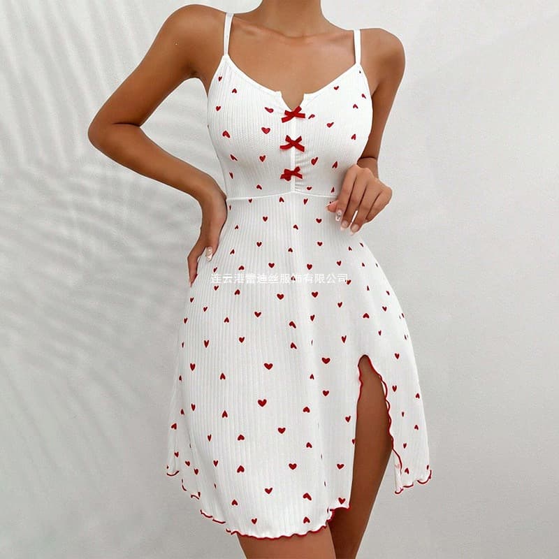 Cross-border European and American hot style love printed rowan front slit deep suspender skirt nightgown pajamas home clothes wearable outside