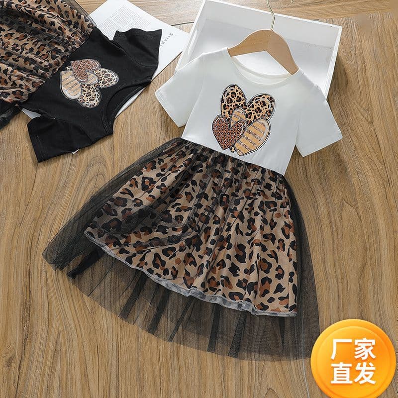 Girls Summer Floral Print Splice Leopard Pattern Tulle Skirt Children's Dress Korean Style Cotton Blend Polyester Blend Short Sleeve Princess Skirt for Ages 3-8