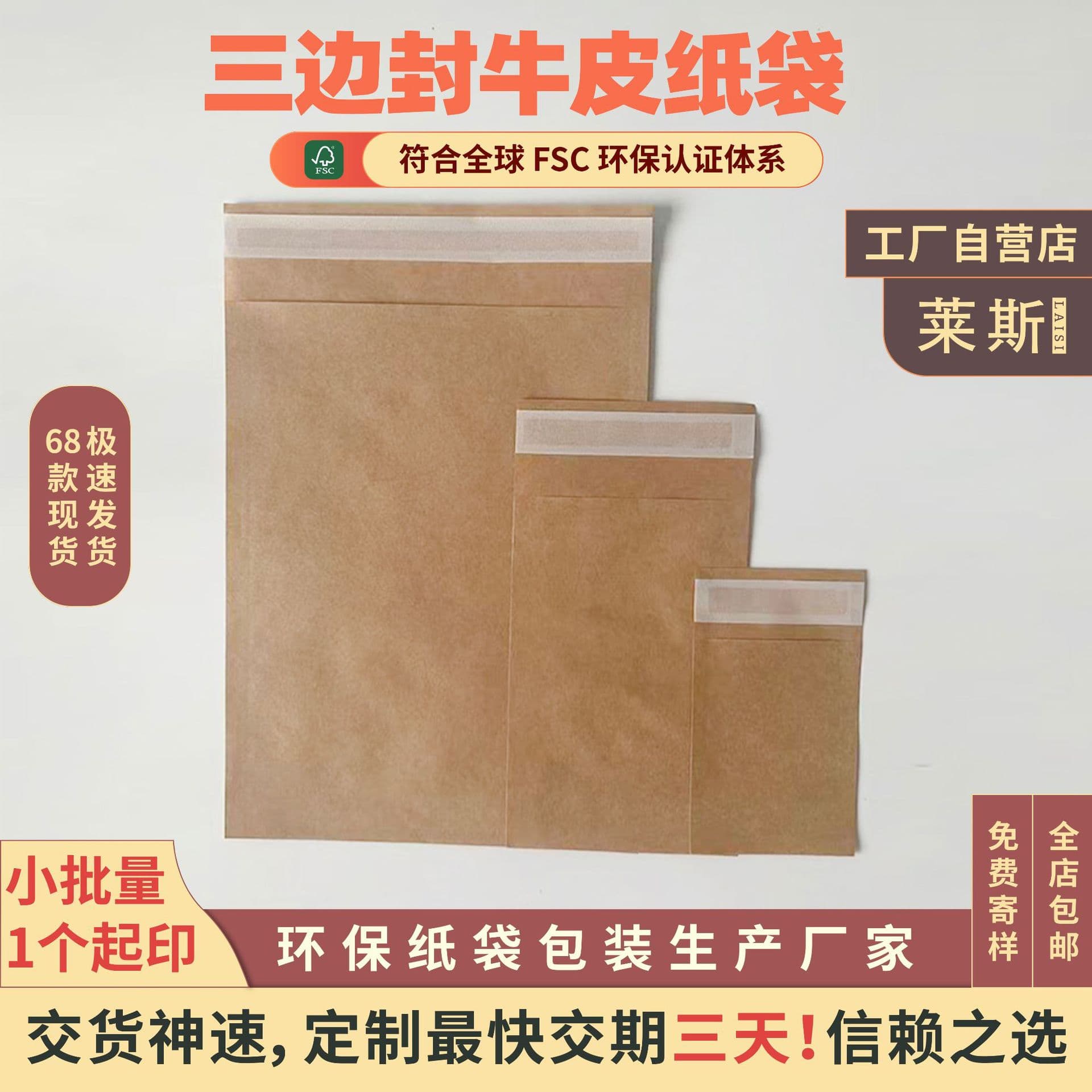 Cross-border Biodegradable Kraft Paper Bag, Three-Side Seal Paper Bag, FSC Plastic-Free Packaging Bag, Kraft Paper Envelope Bag