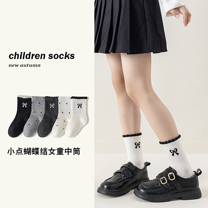 Spring, Autumn and Winter Children's Socks Girls Class A Mid-Tube Cotton Socks Zhuji Children's Socks 6-12 Years Old Cartoon Student Bow
