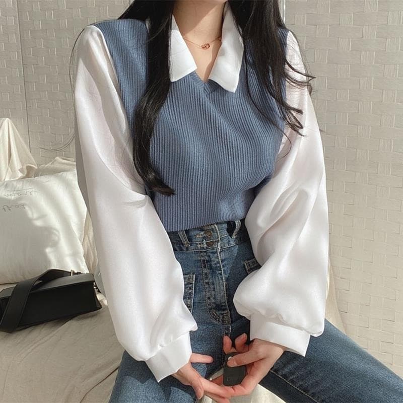Spring and autumn new style patchwork POLO collar fake two-piece T-shirt women long-sleeve sweatshirt loose slimming color-block collar top trendy