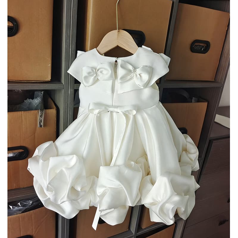 Baby Girl's First Birthday Dress, Princess Gown for Birthday Party, White Satin Flower Girl Dress, French-Style Elegant Outfit for Toddler