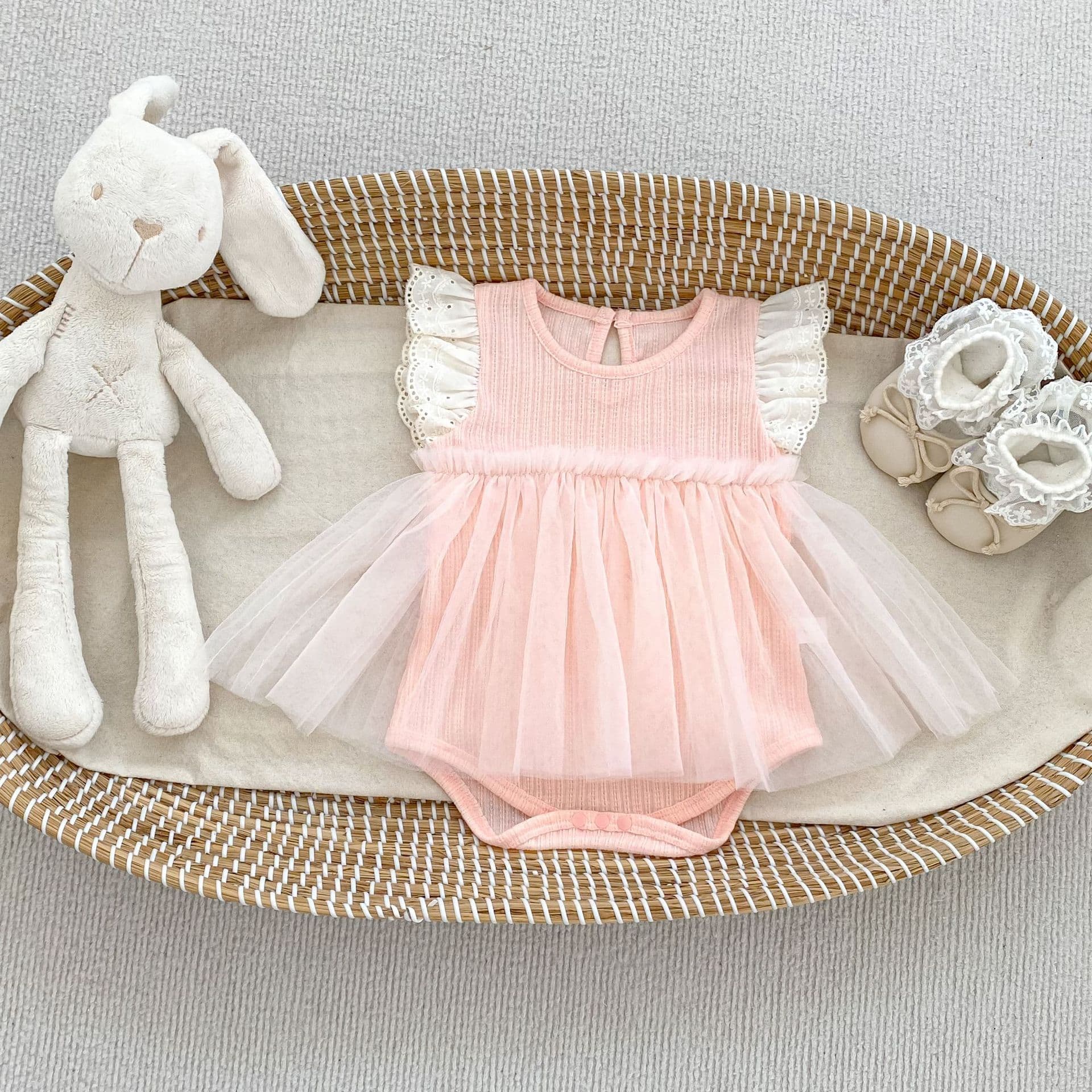 Baby Girl 2025 Summer Pink Small Fresh Mesh Sweet Princess Dress Lace Sleeves Infant and Toddler Harness One-Year-Old Clothes