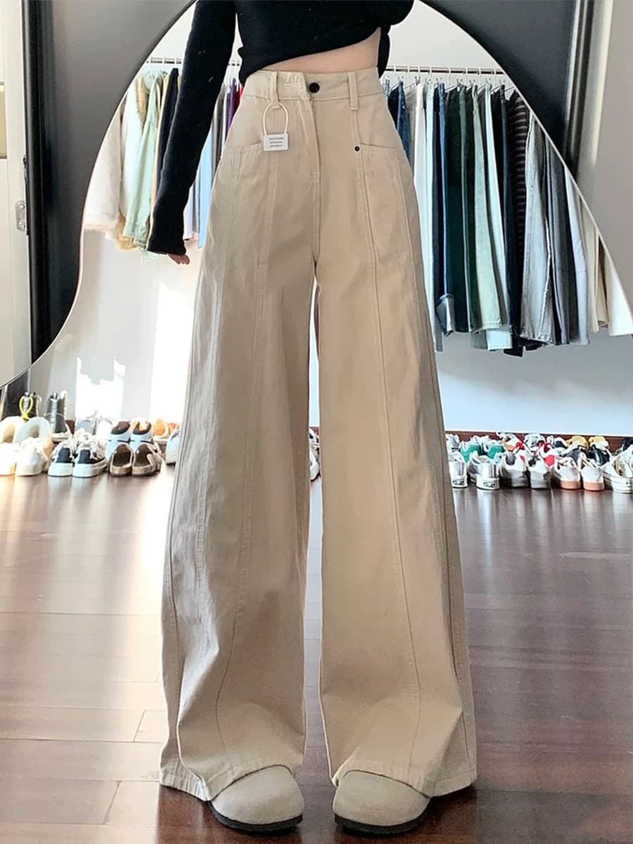 American Beige Apricot Jeans for Women Fall New High Waist Slimming Loose Wide Leg Pants Straight Dropped Waist Premium Feel