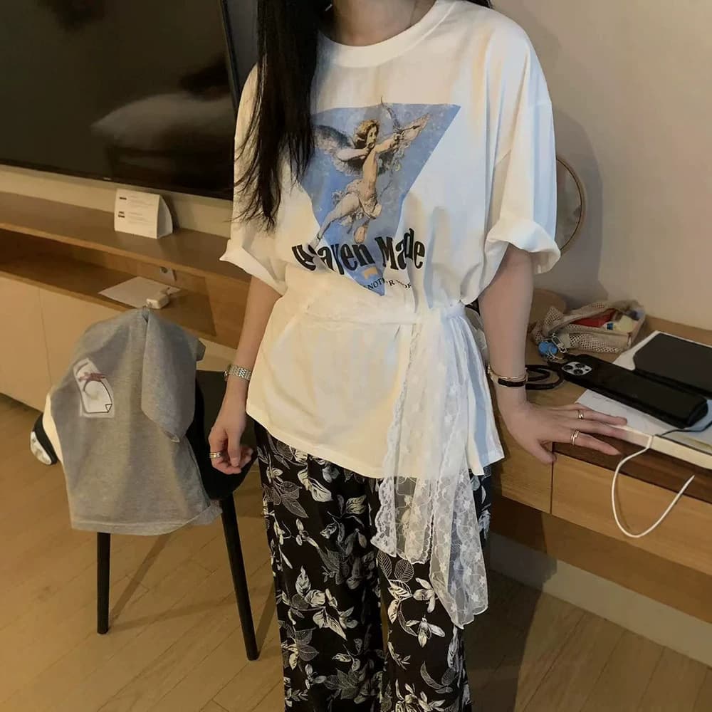 Now H Korean style lazy style Cupid Angel printed loose T-shirt women's lace A-line skirt two-piece set