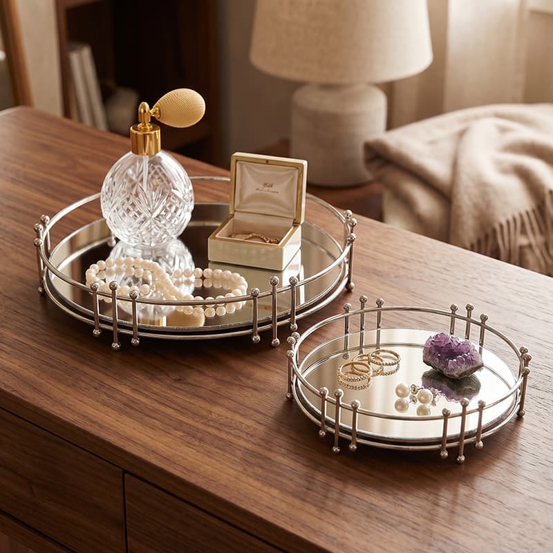 French INS light luxury style geometric metal silver round rectangular mirror tray ornaments living room and restaurant decoration