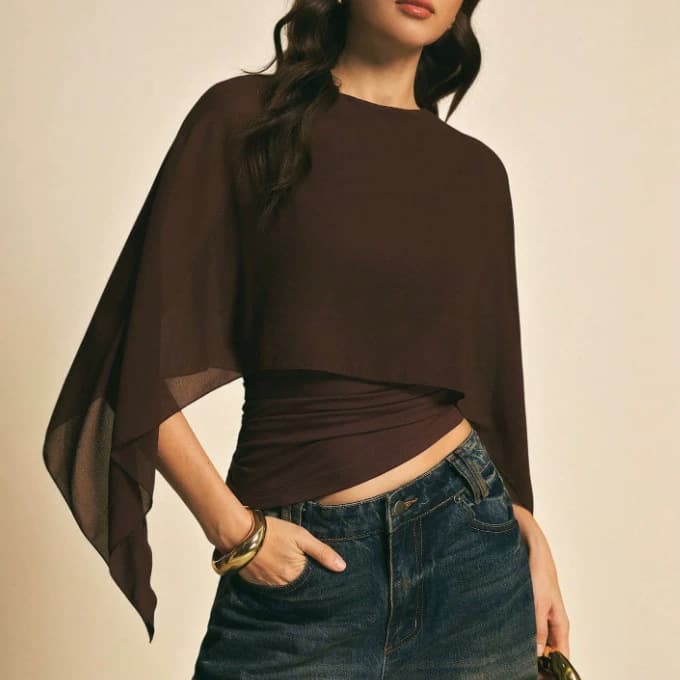 2026 Spring Solid Color Spun Cape Sleeve Top Women's Round Neck Loose Blouse Slim Fit Fake Two Irregular T-Shirts