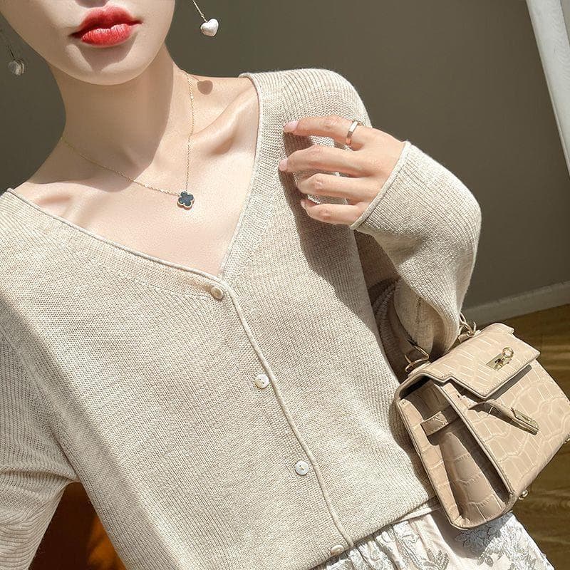 V-Neck Sun Protection Cardigan Knit Jacket Women Thin Loose Long Sleeve Air Conditioning Shirt Spring Summer Matching Skirt Hollow Out Outerwear