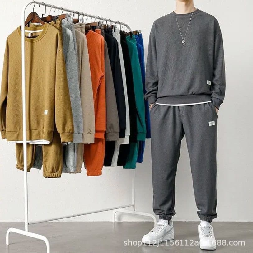 Waffle knit sweatshirt set, loose casual autumn/winter new round neck men's long sleeve and pants, youth clothing for foreign trade.