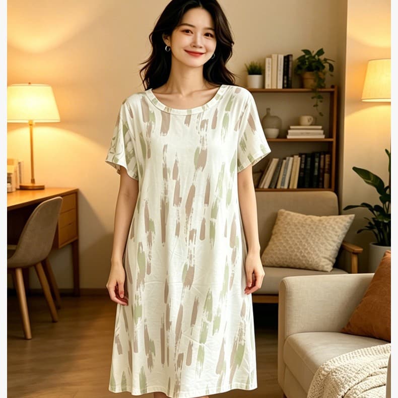 Custom Women's Spring/Summer Bamboo Fiber Home Dress, Round Neck Loose Nightgown, Straight Simple Sleep Dress