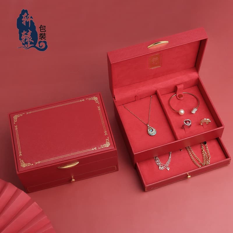 Jewelry Storage Box, Gift Box, Velvet Double Happiness Box, Two-Layer Three-Gold Box, Wedding Dowry Box, Engagement Packaging Box