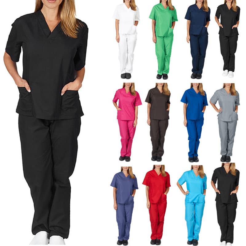 New European and American style solid color pocket V-neck nursing work uniform two-piece set for women