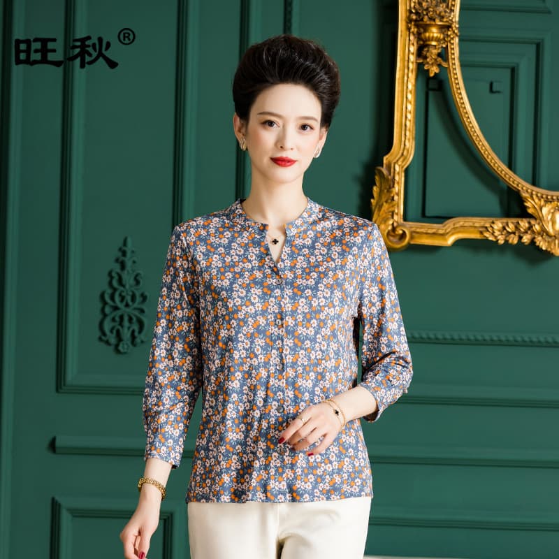 Factory direct printed mulberry silk top, round neck slimming knit shirt, heavyweight silk outerwear F3365.