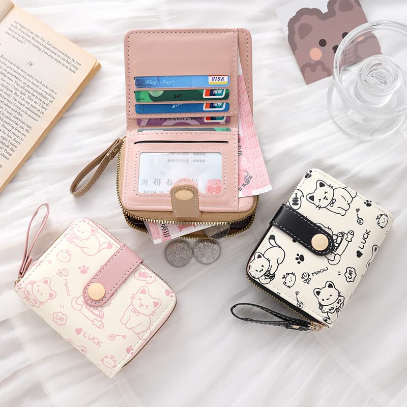 Simple and Cute Cat Japanese Style Women's Coin Pocket Handbag Strap Multi-Function Short Wallet
