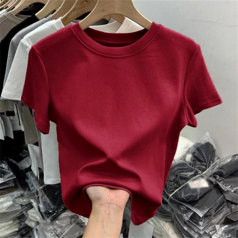 Fashionable Red Round Neck Slim Fit Short Sleeve T-Shirt for Women, Pure Cotton, Figure-Flattering Base Layer, Summer Top