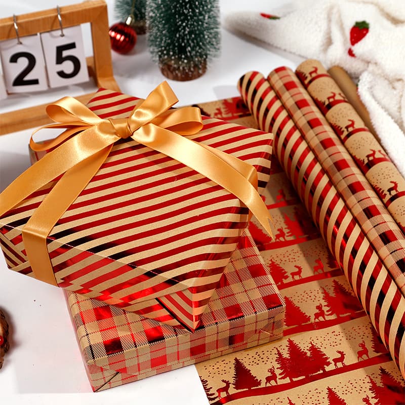 Cross-border 3-meter large-size red and gold Christmas gift wrapping paper, vintage yellow kraft gold-stamped diagonal stripe birthday in stock