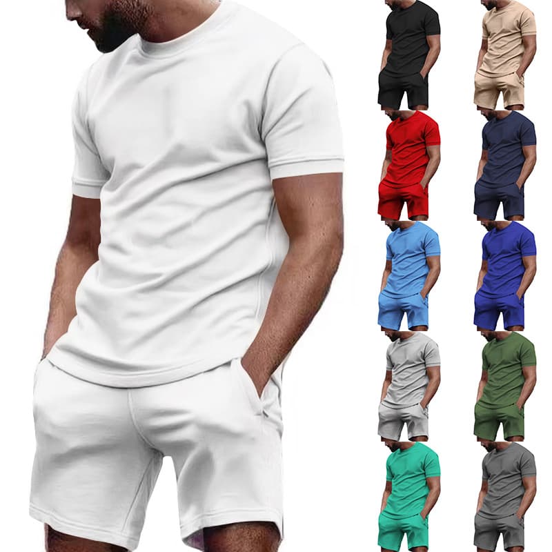 Overseas Summer European and American Independent Station Cross-border Fitness Set Round Neck T-shirt Men's Casual Plus Size Sportswear Set Men's In Stock