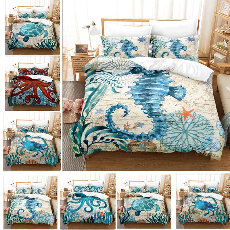 Ocean Animals Cross-border eBay Amazon Wish Three-Piece Set Vintage Series Duvet Cover Set